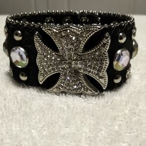 BRAND NEW Women's Black Rhinestone Cross Cuff Bracelet